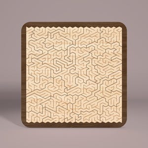 May include: A wooden maze puzzle with a brown frame and a complex, intricate design. The maze is made of thin lines and is set against a light wood background.