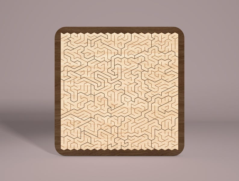 May include: A wooden maze puzzle with a brown frame and a complex, intricate design. The maze is made of thin lines and is set against a light wood background.