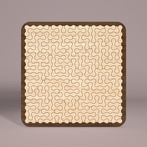 May include: A wooden jigsaw puzzle with a brown frame and a complex, intricate pattern of interlocking shapes.