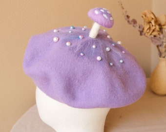 Purple mushroom decor beret hat,Beret for women,Winter Fall wool beret,Handmade cute berets,Vintage French beret,Creative Xmas Style Beret