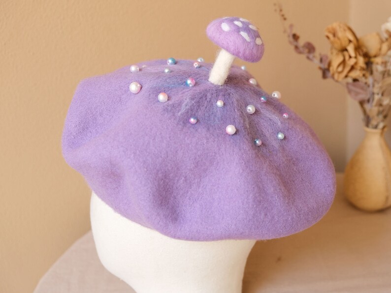 Purple mushroom decor beret hat,Beret for women,Winter Fall wool beret,Handmade cute berets,Vintage French beret,Creative Xmas Style Beret image 1