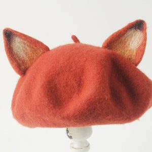 Fox beret hat decor,Handmade wool felted beret,Winter beret for women,Cosplay fox decor hat ,Women Christmas Gifts,Cute fox ears beret hat image 6