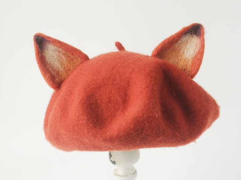Fox beret hat decor,Handmade wool felted beret,Winter beret for women,Cosplay fox decor hat ,Women Christmas Gifts,Cute fox ears beret hat image 6