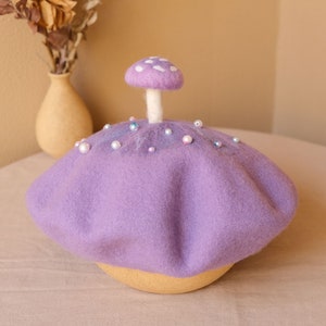 Purple mushroom decor beret hat,Beret for women,Winter Fall wool beret,Handmade cute berets,Vintage French beret,Creative Xmas Style Beret image 6