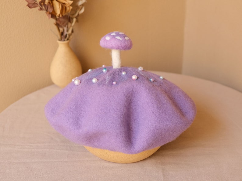 Purple mushroom decor beret hat,Beret for women,Winter Fall wool beret,Handmade cute berets,Vintage French beret,Creative Xmas Style Beret image 6