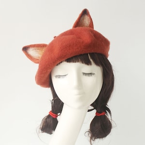 Fox beret hat decor,Handmade wool felted beret,Winter beret for women,Cosplay fox decor hat ,Women Christmas Gifts,Cute fox ears beret hat image 3