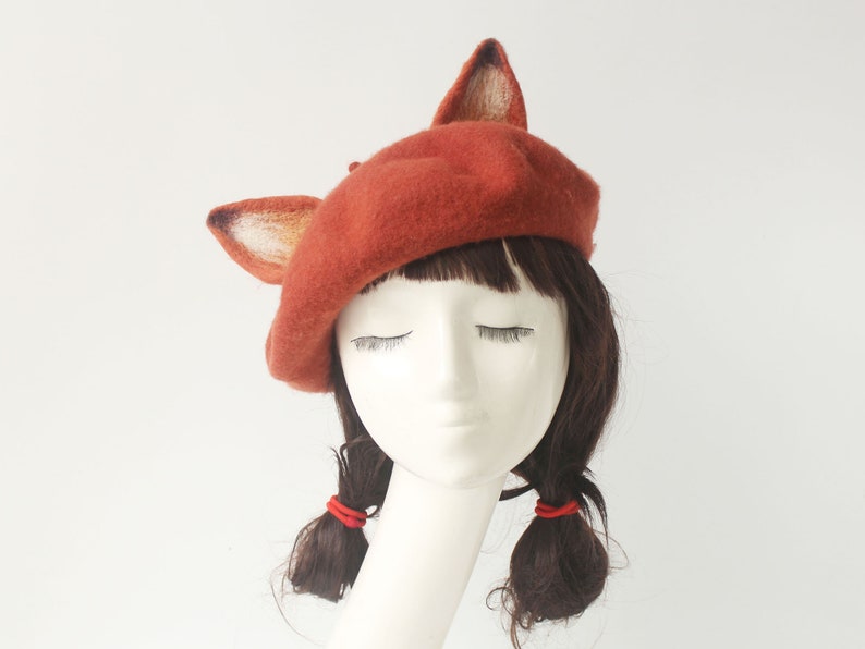 Fox beret hat decor,Handmade wool felted beret,Winter beret for women,Cosplay fox decor hat ,Women Christmas Gifts,Cute fox ears beret hat image 3