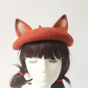 Fox beret hat decor,Handmade wool felted beret,Winter beret for women,Cosplay fox decor hat ,Women Christmas Gifts,Cute fox ears beret hat image 10