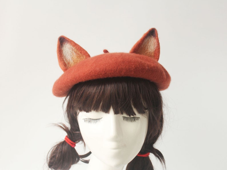 Fox beret hat decor,Handmade wool felted beret,Winter beret for women,Cosplay fox decor hat ,Women Christmas Gifts,Cute fox ears beret hat image 10