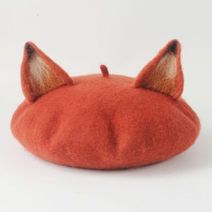 Fox beret hat decor,Handmade wool felted beret,Winter beret for women,Cosplay fox decor hat ,Women Christmas Gifts,Cute fox ears beret hat image 1