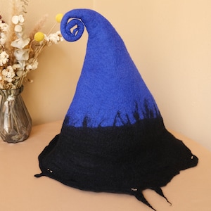 Halloween blue witch hat,Wool felting wizard cap,Handmade wet felted hat,Tall cap,Wizard roleplay hat,Witch mage play,Winter wool warm hat