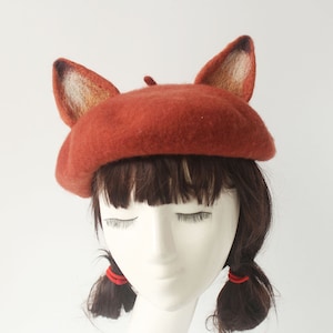 Fox beret hat decor,Handmade wool felted beret,Winter beret for women,Cosplay fox decor hat ,Women Christmas Gifts,Cute fox ears beret hat image 2