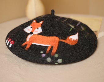 Winter beret,Cartoon fox pattern hat,Handmade wool felted hats,Playful cute fox berets, Gift for her, Beret hat for girls,Needle felted hats