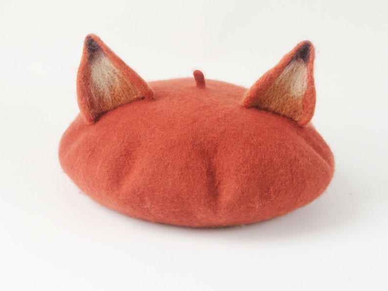 Fox beret hat decor,Handmade wool felted beret,Winter beret for women,Cosplay fox decor hat ,Women Christmas Gifts,Cute fox ears beret hat image 9