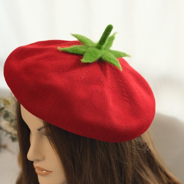 Lovely summer beret , Handmade wool felt for tomatoes,Summer hat accessories,Red summer beret for women