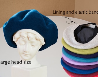 Large size brim beret,Vintage French berets hat,Wool solid color beret,Slouchy oversized Beret for women,Fall/Winter accessory  blue beret