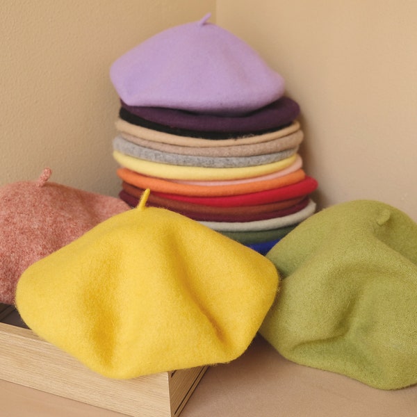 Einfarbige Baskenmütze aus 100% Wolle, Herbst Winter Zubehör Baskenmütze, klassische Baskenmütze aus 100% Wolle, Baskenmütze für Damen