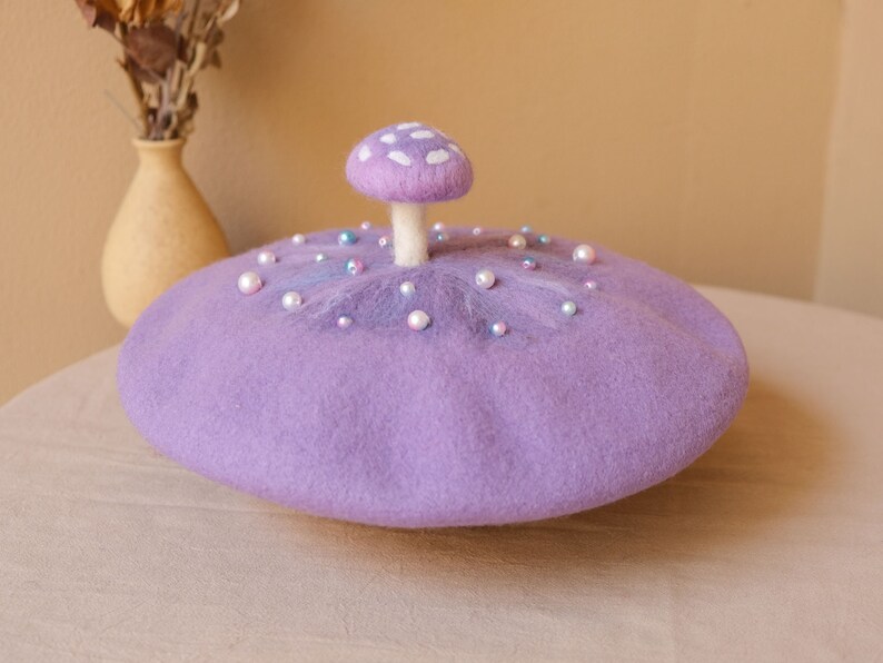 Purple mushroom decor beret hat,Beret for women,Winter Fall wool beret,Handmade cute berets,Vintage French beret,Creative Xmas Style Beret image 2
