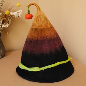 Wet Felt Wool Halloween Witch Hat with Pumpkin