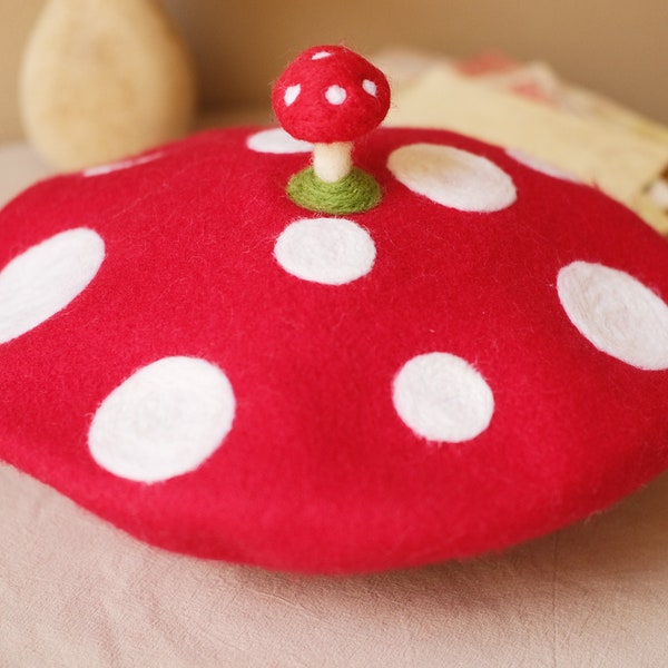 Mushroom decor beret hat,Red beret for women,Winter Fall wool beret,Handmade felted needle hat,White Polka dot beret,Creative wool beret cap