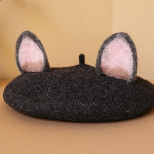 Cute cat ears berets hat,Wool felted cat ears beret,Vintage wool beret,Dark color women hat,Women winter beret,Women Christmas Gifts