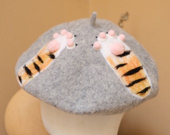 Béret à motif griffe de tigre, chapeau de béret en feutre en laine fait à la main, béret en laine d’hiver d’automne, béret créatif pour dames DIY, cadeaux d’hiver pour elle, béret pour femmes