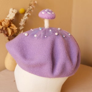 Purple mushroom decor beret hat,Beret for women,Winter Fall wool beret,Handmade cute berets,Vintage French beret,Creative Xmas Style Beret image 8
