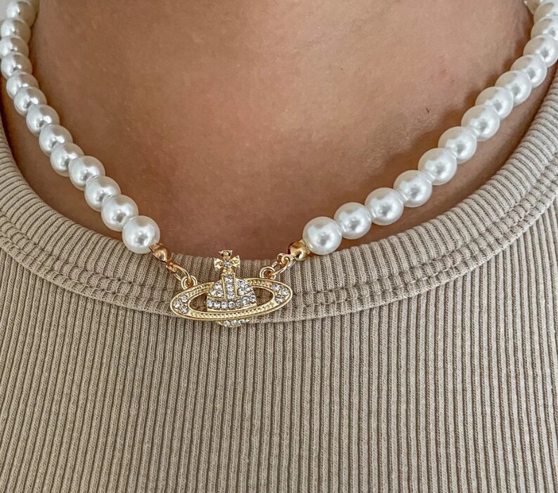 Vivienne Westwood Pearl Dupe Pearl Necklace Gold Saturn Etsy UK