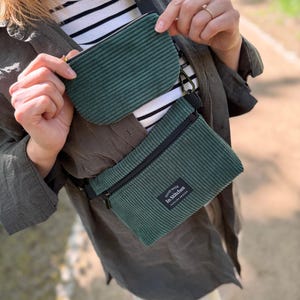 Conjunto de pochete e carteira de veludo cotelê, pochete verde, pochete para viagens, festivais e caminhadas, pochete ajustável com zíper, unissex