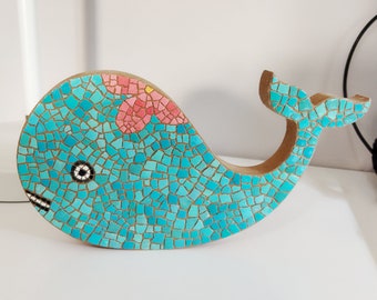 Aquamarine Whale Mosaic Sculpture MDF Wood Art Object Sea Animal Shelf Egg Shell Home Office Decor