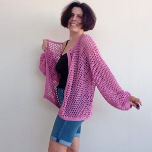 Hand Crochet Pink Mesh Cardigan, Lightweight Cotton Open Knit Sweater, Boho Summer Layering Top, Button Up, Handmade, Ready to Ship Gift