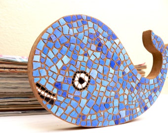 Blue Whale Mosaic Sculpture Sea Animal Shelf Art Object MDF Wood Egg Shell Home Office Decor
