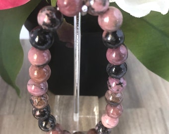 Rhodonite Natural Stone Beads Stretchable Bracelet 7" - 8mm Beads - Best gift for all