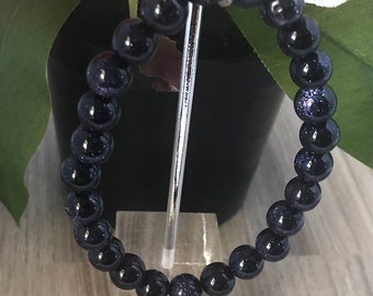 Gold Blue Natural Stone Beads Stretchable Bracelet 7" - 8mm Beads - Best gift