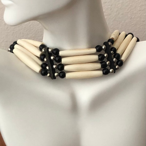 Buffalo Bone Bead Choker Tribal Necklace Black Native American Indian Style 4 Strand