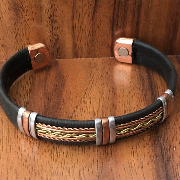 Solid Copper Leather Wrapped Magnetic Bracelet Energy Men Women Cuff Bangle Two Tone