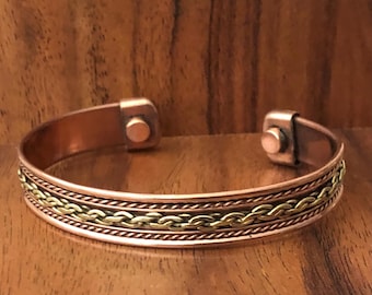 Pure Copper Magnetic Bracelet Energy Cuff Bangle - Two Tone Link Design