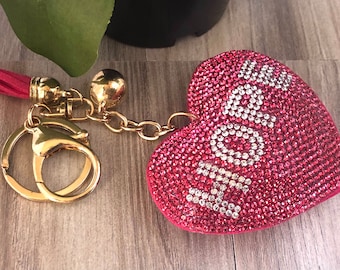 Hope Heart Pink Keychain Bling Backpack Charm Rhinestone Bag Charms Keyfob Keyrings