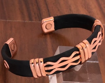 Solid Copper Leather Wrapped Magnetic Bracelet Energy Men Women Jewelry Wave Design