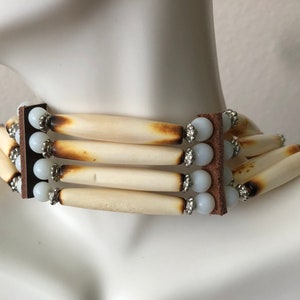 Buffalo Bone Choker Necklace With Leather & Beads - Native American Tribal Style