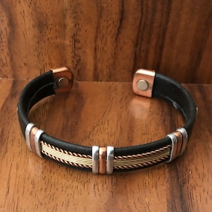 Solid Copper Black Leather Wrapped Magnetic Bracelet Men Women Cuff Bangle Two Tone