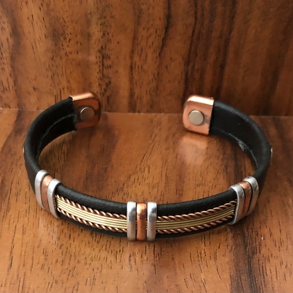 Solid Copper Black Leather Wrapped Magnetic Bracelet Arthritis Pain Men Women Cuff Bangle Two Tone