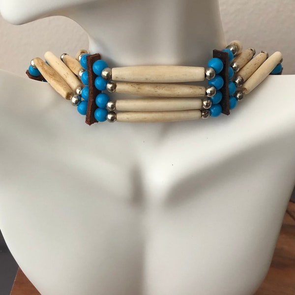Buffalo Bone Native American Indian Style 4 Row Bead Choker Tribal Necklace Traditional Jewelry