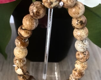 Picture Jasper Natural Stone Beads Stretchable Bracelet 7&quot; - 8mm Beads - Best gift for all