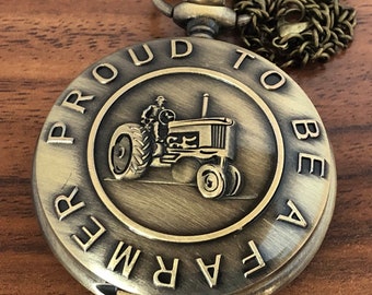 Proud to be A Farmer Retro Pocket Watch with Chain New Collectable Vintage