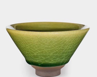 May include: A green ceramic bowl with a crackle glaze. The bowl has a wide, angled shape with a white rim and a small, round, brown base. The bowl's interior is a darker green than the exterior.