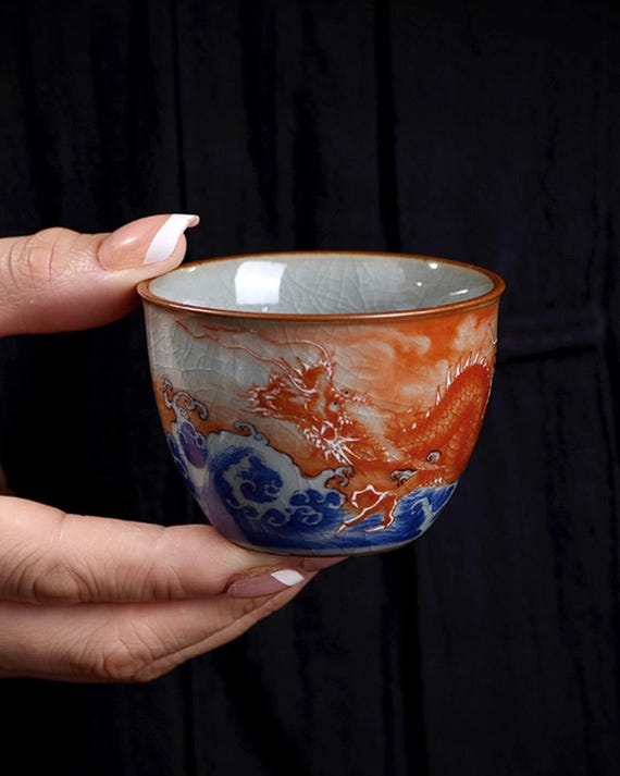 Antique Clay Iron-red Dragon Teacup Handcrafted From Jingdezhen