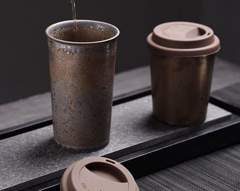 Wabi-Sabi Iron Rust Glaze Coffee Mug With Silicone Lid - Vintage Retro Ceramic, Reusable travel mug, To Go Mug