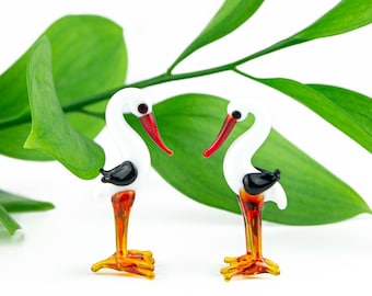 Murano Glass Stork Figurine, Tiny Handmade Bird Sculpture, Shelf Decor, Baby Announcement Gift