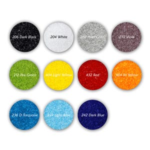 May include: A color chart with 12 different colors of glass beads. The colors are: dark black, white, pearl gray, viola, pea green, light yellow, red, medium yellow, dark turquoise, light blue, and dark blue.